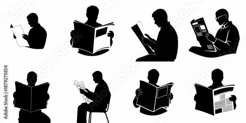 Men Reading Newspaper Silhouettes Set. Vector collection of people consuming news and information and documents.