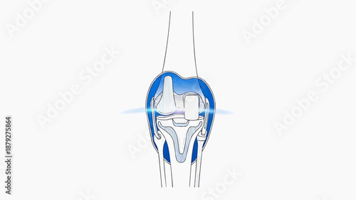 Detailed illustration of a human knee joint anatomy from a front viewpoint, showcasing bones and ligaments in a clear diagram