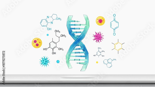 Illustration of DNA double helix surrounded by molecular structures and virus particles on a white surface viewed from directly above