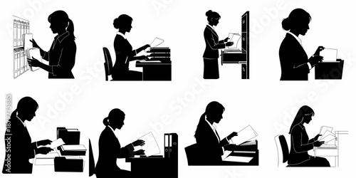 Set of black silhouettes depicting professional businesswomen and office workers managing documents, paperwork, and administrative filing tasks.