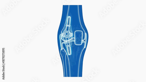 Detailed illustration of a human knee anatomy focusing on the joint structure and surrounding bones from a frontal viewpoint