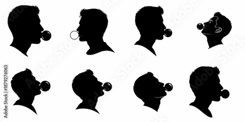 Black silhouettes of young men blowing bubble gum, showing various stages and profiles, isolated on a white background.