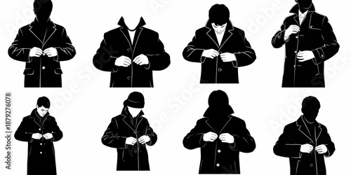 Black and white vector set of figures buttoning up overcoats and trench coats, illustrating various clothing actions and silhouettes.