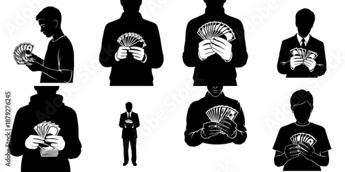 Collection of Black Silhouettes of People Holding Fanned Cash and Counting Money, Representing Wealth, Earnings, and Financial Success