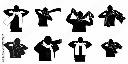 Black and white silhouettes illustrating various ways to tie a long scarf around the neck, demonstrating different knot styles and wrapping methods.