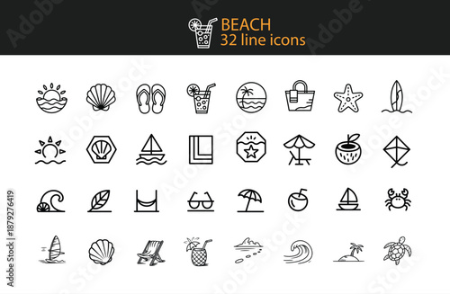 Beach Themed Line Icons Set With Sun Seashells Flip Flops And Starfish summer vacation