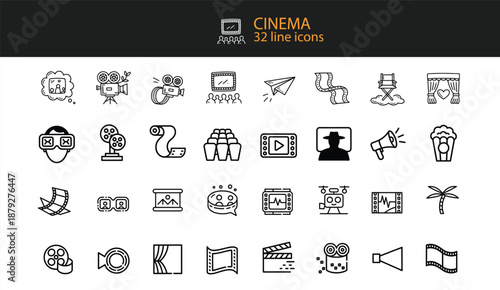 Cinema and movie line icons set with film projector and popcorn Keywords: cinema, movie, film