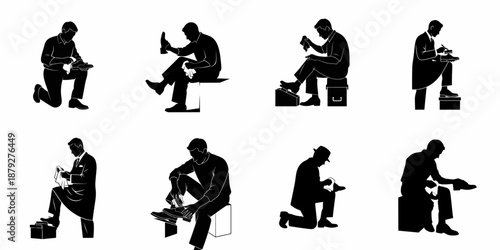 Eight Black Silhouettes of Shoe Shiners and Men Polishing Footwear, Representing Service and Grooming.
