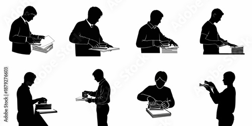 Eight Silhouettes of Men Stapling Documents and Handling Paperwork, Illustrating Office Tasks, Business Process, and Administration.