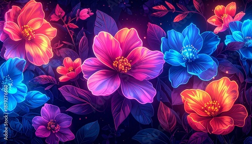 Vibrant Neon Flowers in Dark Fantasy Garden.