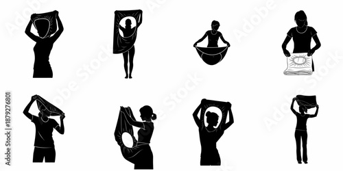 Step-by-step tutorial set of silhouettes showing a woman folding a fitted sheet, illustrating the process of tidying laundry and linens.