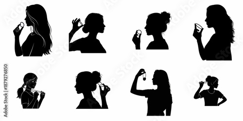 Silhouettes of Women Styling Hair with Elastic Bands and Scrunchies, Set of Hair Care and Accessory Icons.