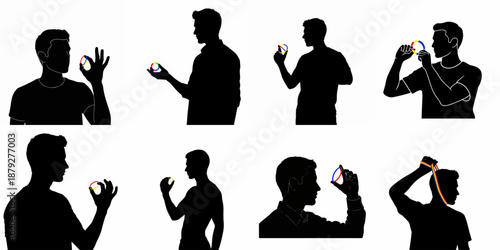 Diverse black silhouettes of a man interacting with a symbol colored like the Romanian flag, illustrating national pride and identity.