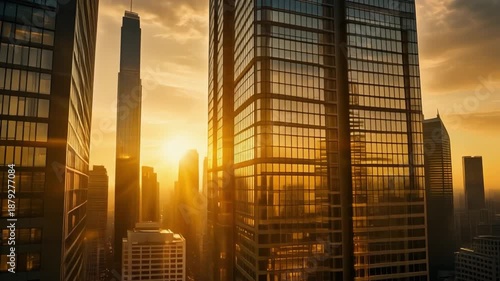 Tall modern skyscraper illuminated by golden sunset rays in urban skyline