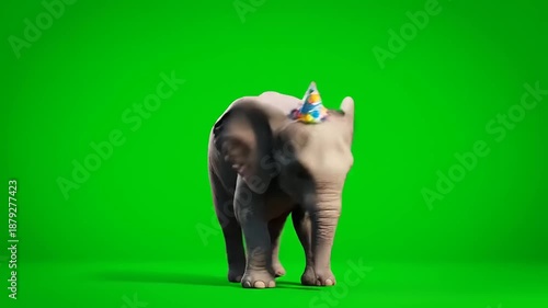 A Cute Baby Elephant Wearing a Party Hat on a Green Screen Background