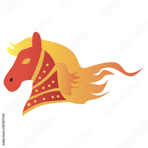 Red horse head with a yellow mane, perfect for equestrianthemed designs, childrens illustrations, and animal lovers projects. Ideal for equinerelated media.