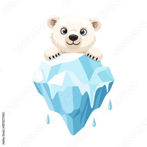Cute polar bear peeking over melting iceberg with water drops