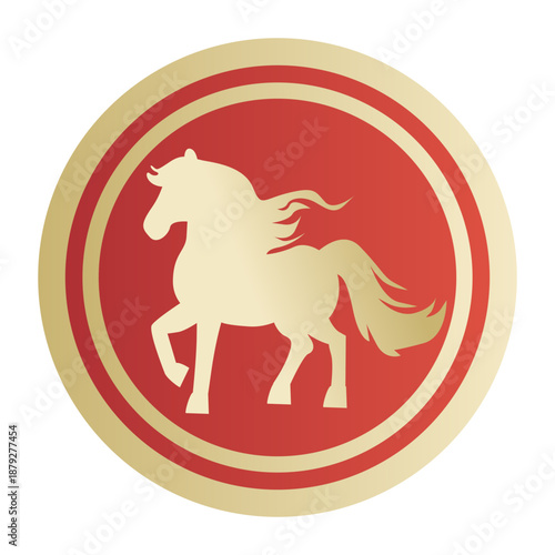 Golden horse within red circle on gold background. Perfect for luxury branding, special events, or elegant design projects.