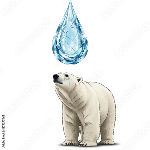 Polar bear crying under melting ice droplet symbolizing climate change