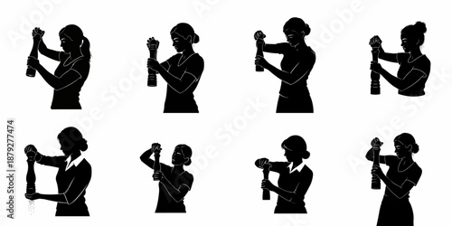 Black Silhouettes of Women Grinding Pepper or Salt: Vector Set of Female Cooks Seasoning Food, Isolated Kitchen Icons.