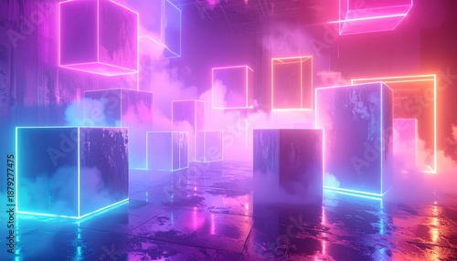Neon illuminated cubes in a misty futuristic environment.