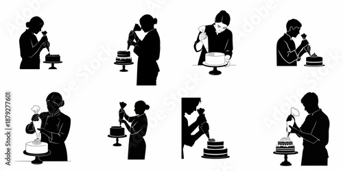Black silhouette set of pastry chefs and bakers decorating various cakes with frosting and piping bags, illustrating confectionery artistry.