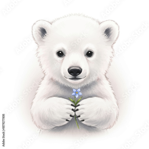Adorable polar bear cub holding a blue flower with love