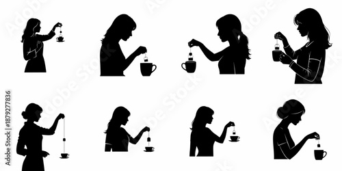 Eight Silhouettes of Women Preparing Tea by Steeping Teabags into Cups and Mugs, Vector Illustration Set.
