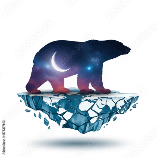 Majestic polar bear standing on melting ice with starry night sky