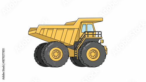 Illustration of a yellow dump truck with large black wheels and a flat bed against a clean white background.