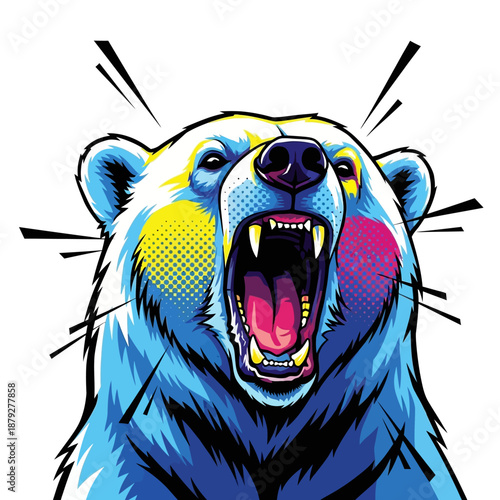 Vibrant polar bear roaring with dynamic colorful comic book style