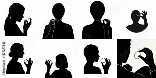 A series of women's silhouettes illustrating the handling and placement of a flexible circular device, suitable for medical instruction or measurement.