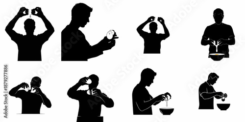 Vector silhouette sequence showing a man cracking and handling eggs for cooking or baking, isolated on a white background.