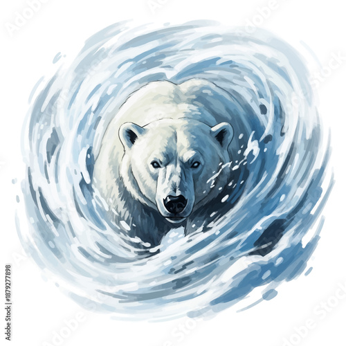 Polar bear swimming through icy waters with intense gaze