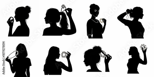 Set of black woman silhouettes styling hair with various sparkly diamond scrunchies and headbands, isolated vector illustrations for fashion and beauty.