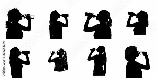 Set of eight black silhouettes showing various women drinking from bottles, illustrating hydration, health, and lifestyle concepts on a white background.