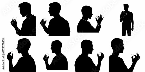 Eight black silhouettes of a young man holding and looking intently at a small ring, representing themes of choice, examination, or possession.