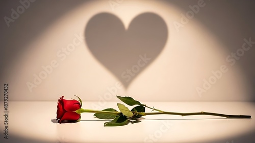 Single red rose on table casting a heart shaped shadow on white wall