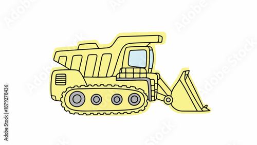 A yellow bulldozer with a raised blade and tracks on a white background in a line drawing style.