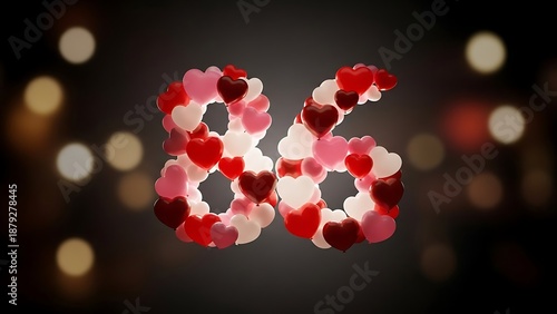 Number 86 made of red and pink heart balloons for anniversary celebration