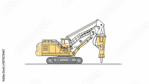 Line drawing of a large yellow and gray excavator with a drill attachment on a white background.