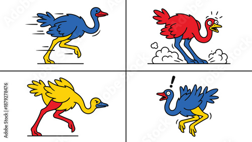 Cartoon Ostrich Sequence: Fast, Surprised, Low, and Alarmed