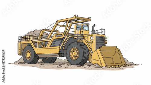 Illustration of a yellow front loader with a pile of dirt in its bucket on a construction site with a white background.
