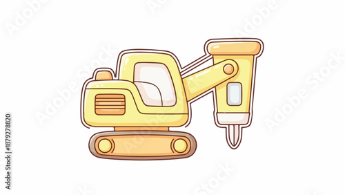 A yellow excavator with a hammer attachment on a white background, outlined in brown and orange hues.