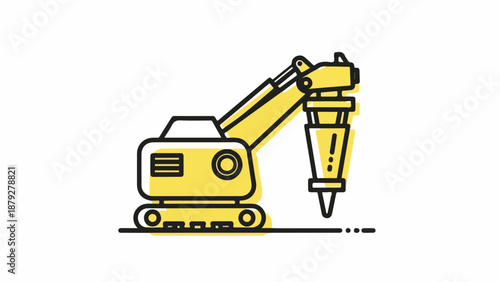 Line drawing of a yellow excavator with a drilling attachment on a white background.