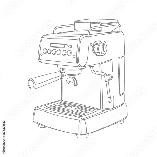 Professional Espresso Machine Line Art Outline Vector Illustration. Isolated Coffee Maker Icon Drawing for Menu or Appliance Design.