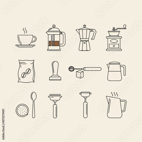 Barista Coffee Equipment Line Icons. Set of Brewing Tools: French Press, Moka Pot, Tamper, Grinder, Cup, and Espresso Accessories.