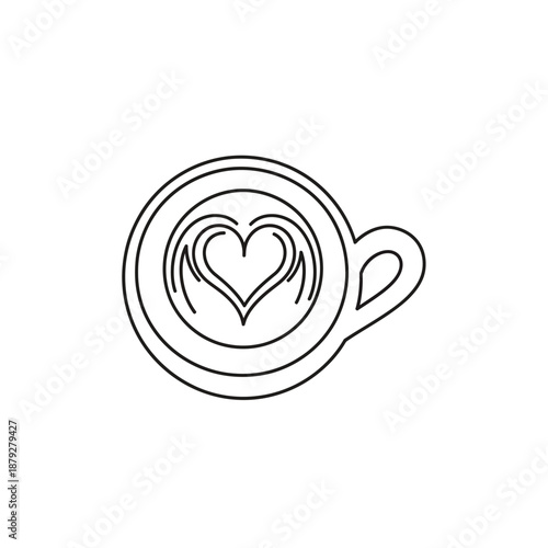 Coffee Cup with Heart Latte Art Line Icon. Simple Black Outline Drawing for Cafe Menu, Sticker, or Coloring Book Design.