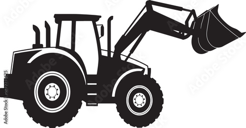Black silhouette of a front loader tractor with raised bucket on white background