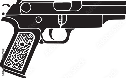 Black silhouette of a handgun with a patterned grip on a white background pistol
